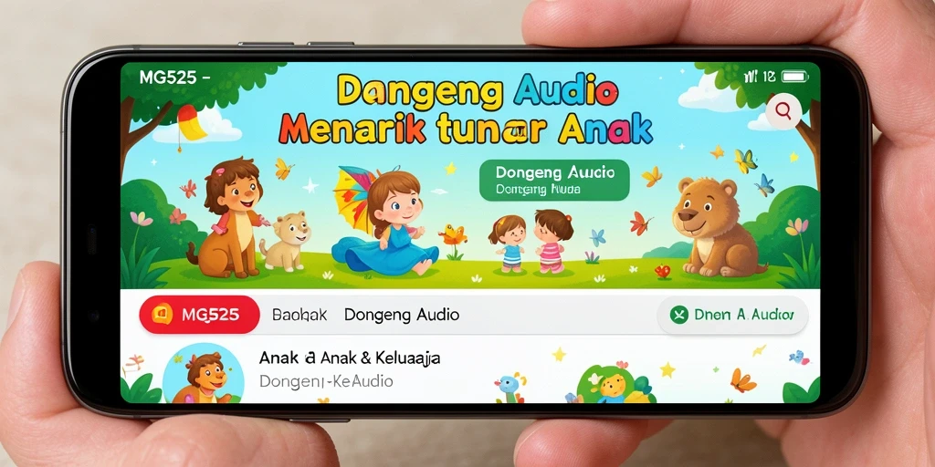 Antarmuka aplikasi MG525 dengan koleksi dongeng audio.